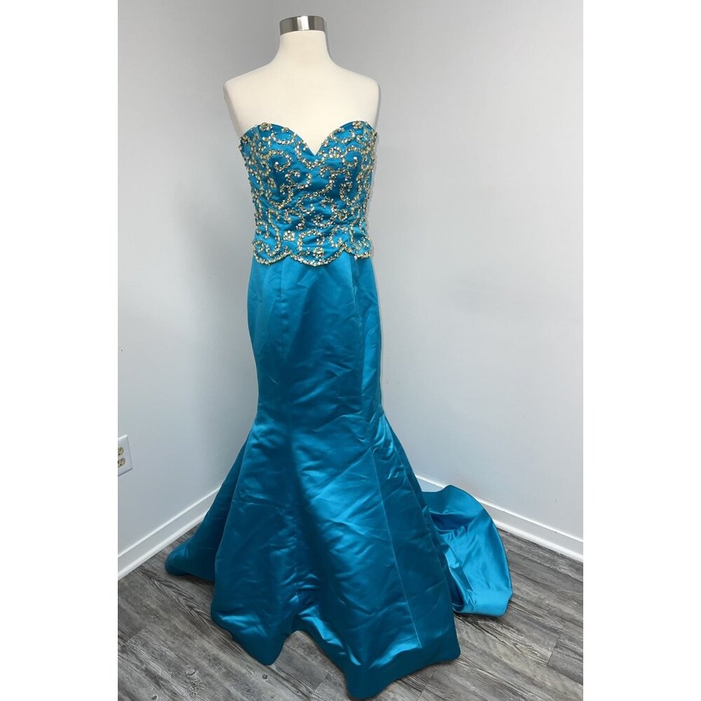 Sherri Hill Strapless Mermaid Style Prom Dress Gown Size 4 Gold Beaded Turquoise